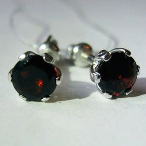 Natural Red Garnet In Sterling Silver Stud Earrings Screw Back
